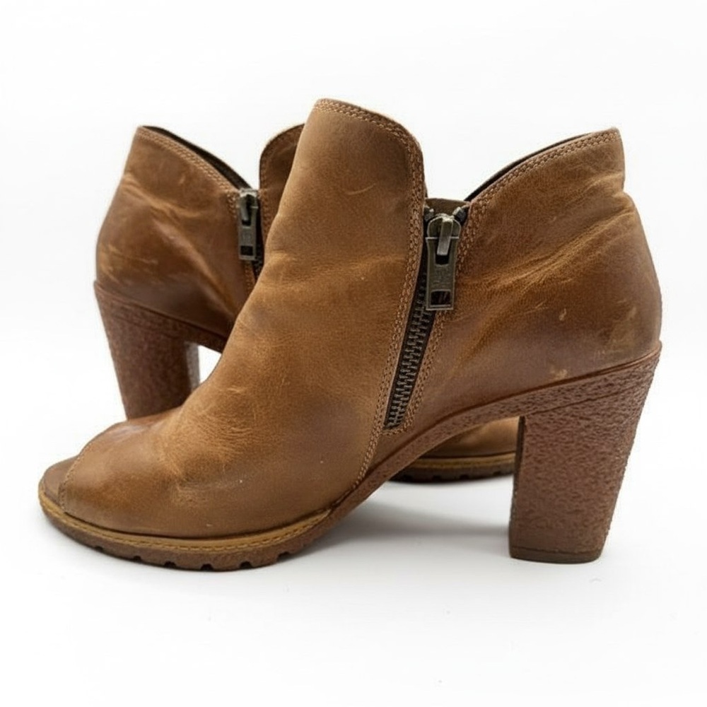 Timberland Brown Leather Peep Toe Ankle Booties Block Heel Zip Up 10 - Picture 6 of 14